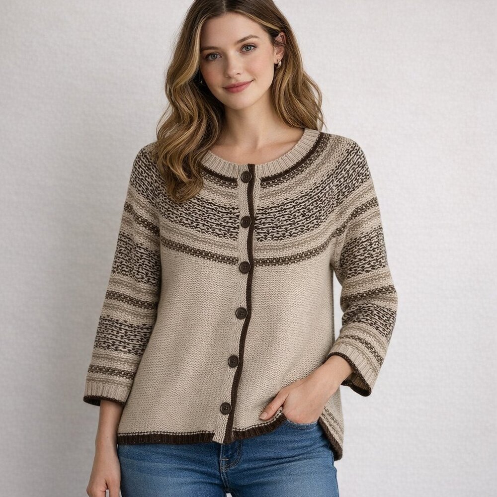 New York & Company 3/4 sleeve tan/brown button-front chunky knit cardigan